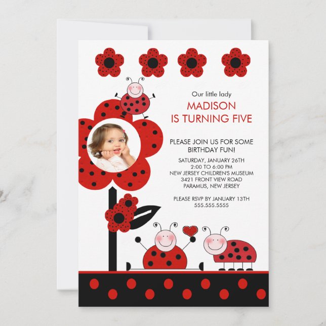 Convite de Aniversário para Ladybug da FOTO VERMEL (Frente)