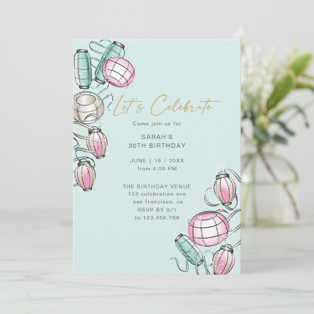 Convite de Aniversário para Lanterna Chinesa e Tem (Em pé/Frente)