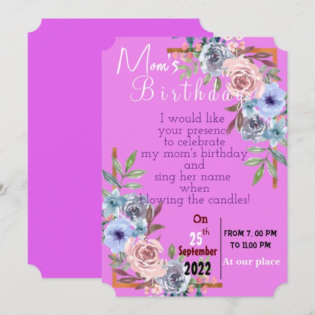 Convite de aniversário para mães (Frente/Verso)