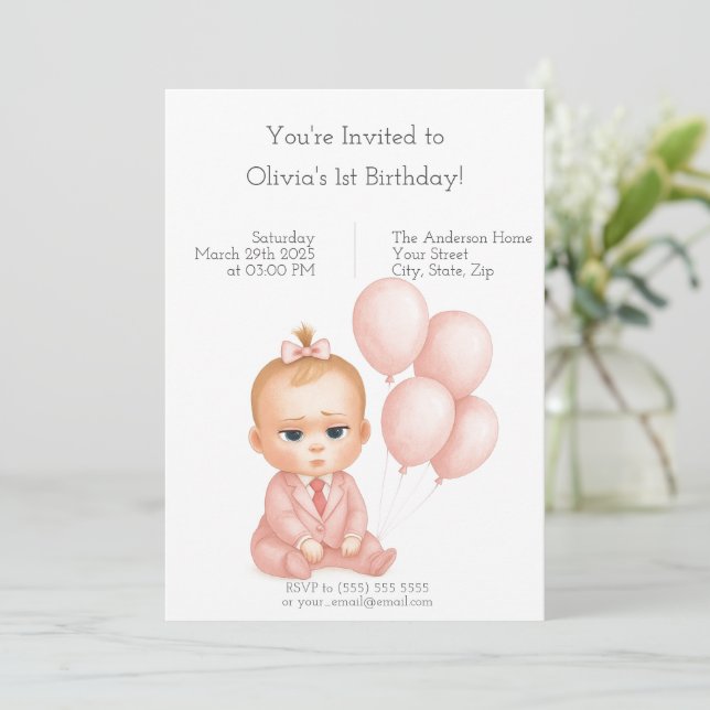 Convite de Aniversário para Menina Chefe - Pastel  (Em pé/Frente)