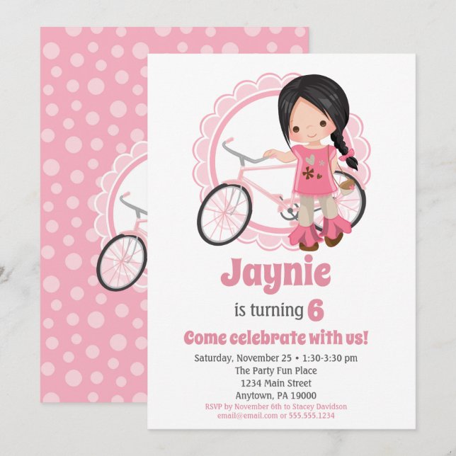 Convite de aniversário para menina de bicicleta -  (Frente/Verso)