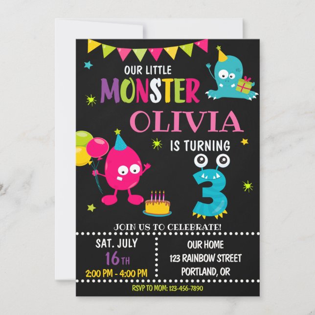 Convite de aniversário para menina de monstro (Frente)