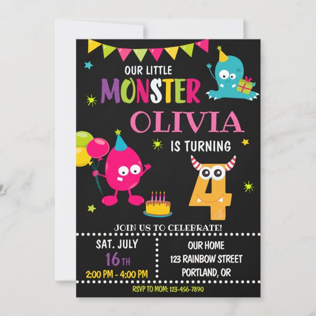 Convite de aniversário para menina de monstro (Frente)