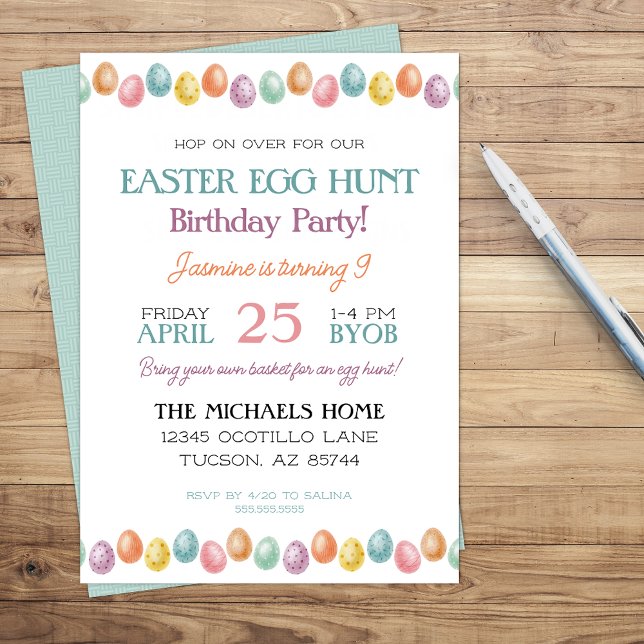 Convite de Aniversário para Menina Moderna ou Pásc (fun easter birthday party invitation for boy or girl with simple easter egg border)