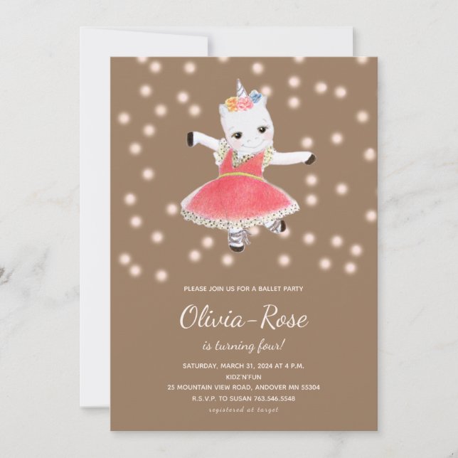 Convite de Aniversário para Menina Rosa Ballerina  (Frente)