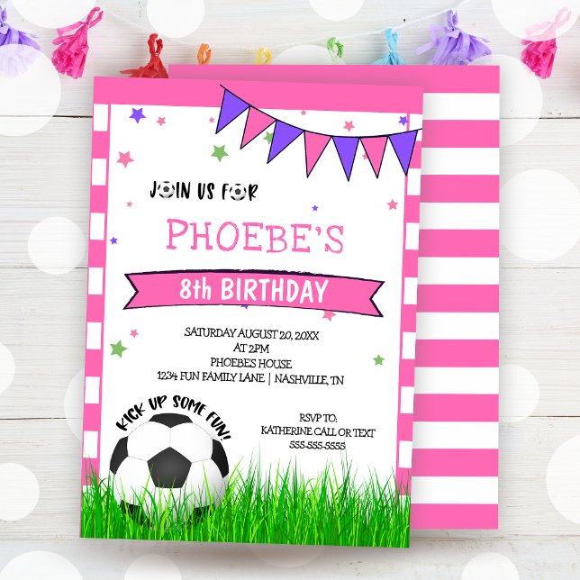 Convite de Aniversário para Meninas de Futebol Ros (Pink Soccer Ball Girls Birthday Invitation)