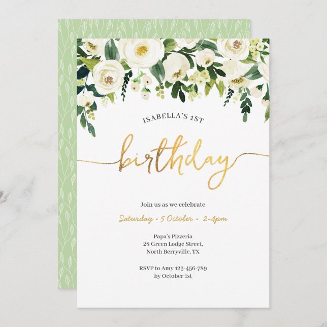 Convite de Aniversário para Meninas de Rosas Branc (Frente/Verso)