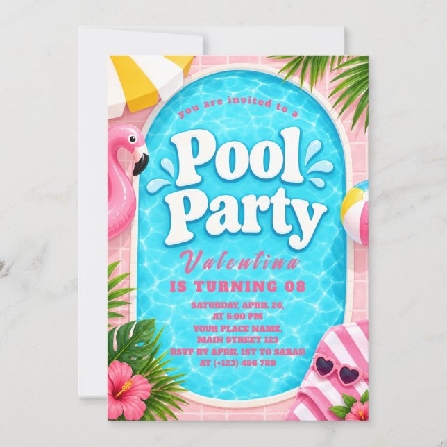 Convite de Aniversário para Meninas do Pool Flamin (Frente)