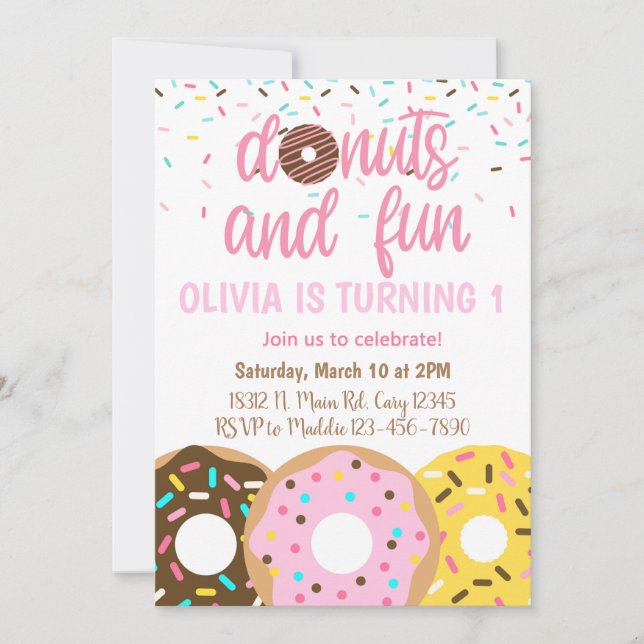 Convite de aniversário para meninas, rosquinhas e  (Frente)