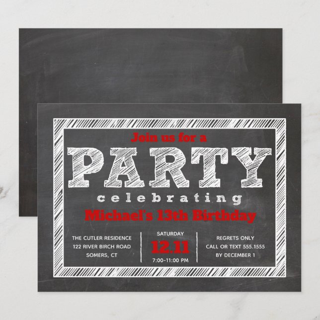 Convite de Aniversário para Meninos, Chalkboard, V (Frente/Verso)