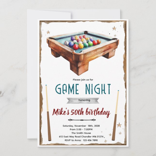 Convite de aniversário para mesa de bilhar Pool (Frente)