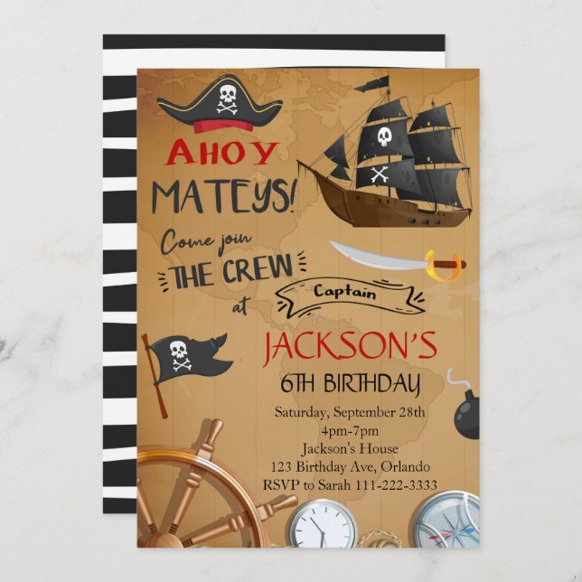 Convite de Aniversário para Navio Pirata (Frente/Verso)