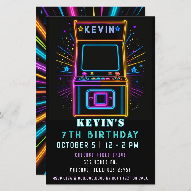 Convite de aniversário para Neon Glow Arcade diver (Frente/Verso)