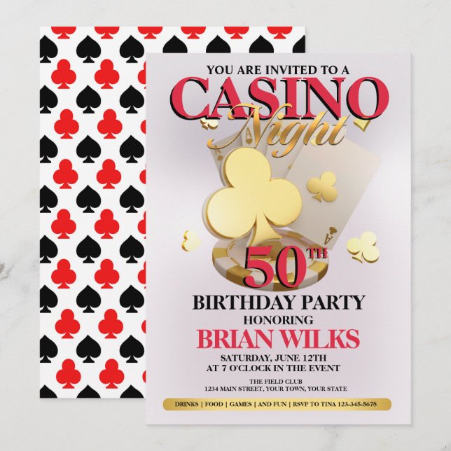Convite de Aniversário para Noite de Cassino (Frente/Verso)