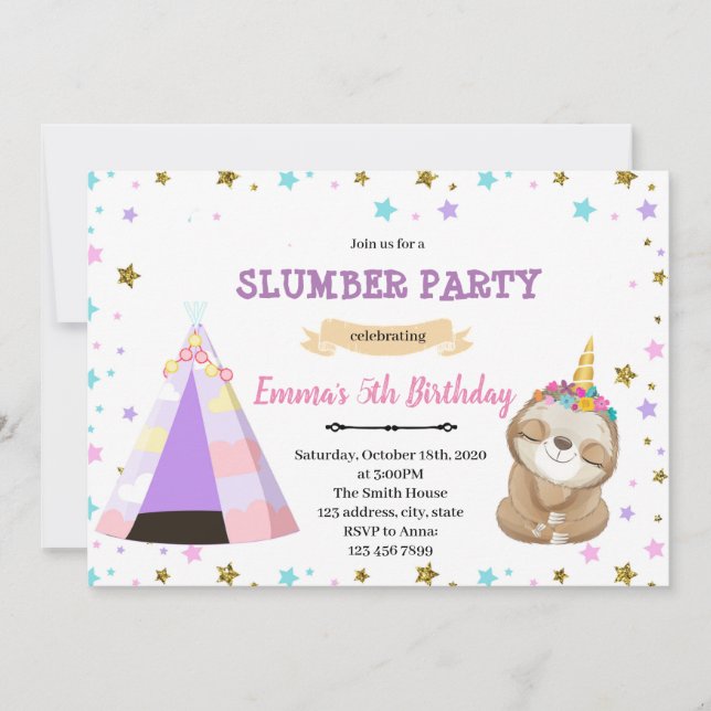convite de aniversário para noite de Slothicorn (Frente)