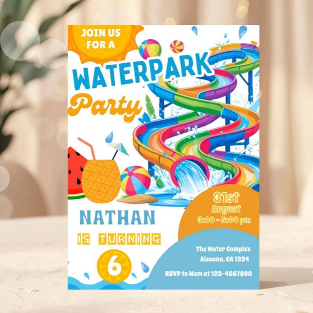 Convite de Aniversário para Parque Aquático Colori (waterpark birthday invitation, pool party invite, summer birthday invitation, splash party invite, w)