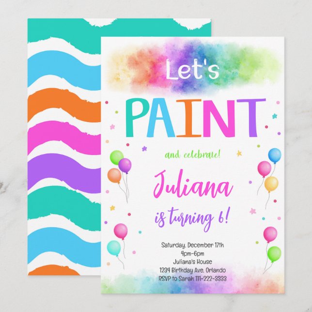 Convite de Aniversário para Pintura Colorida de va (Frente/Verso)