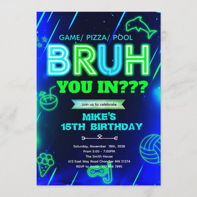 Convite de aniversário para piscina Bruh Neon (Frente)