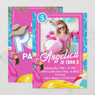 Convite de Aniversário para Piscina de Moda Rosa D
