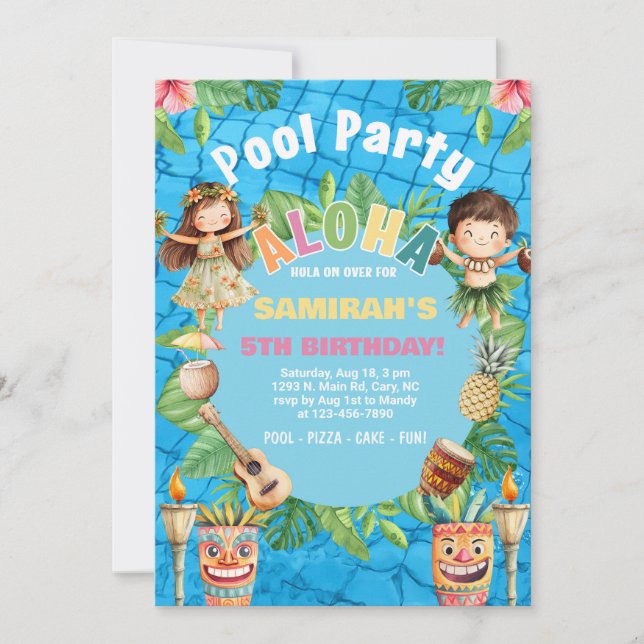Convite de aniversário para piscina havaiana Aloha (Frente)
