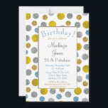 Convite de Aniversário para Pontos Azuis de Prata<br><div class="desc">Um ouro bonito e divertido,  cinzas prateadas,  convite de aniversário azul falso.</div>