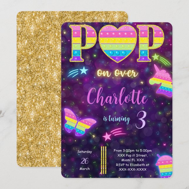 Convite de Aniversário para Pop editável (Frente/Verso)