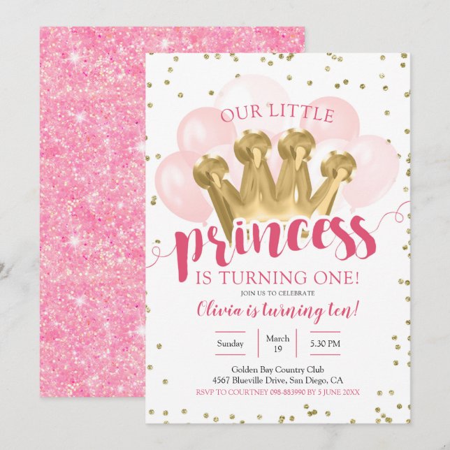 Convite de aniversário para princesa rosa Princesa (Frente/Verso)