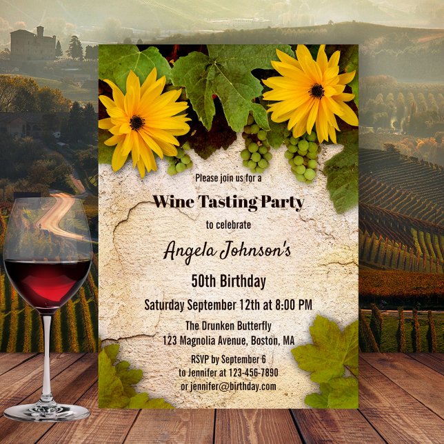 Convite de Aniversário para Provando de Vinho Flor (Birthday party invitation featuring a wine theme with hanging grapes and leaves on a rustic wall)