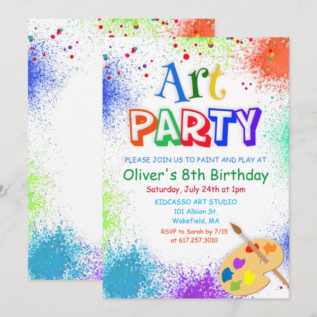 Convite de Aniversário para qualquer Festa de Arte (Frente/Verso)