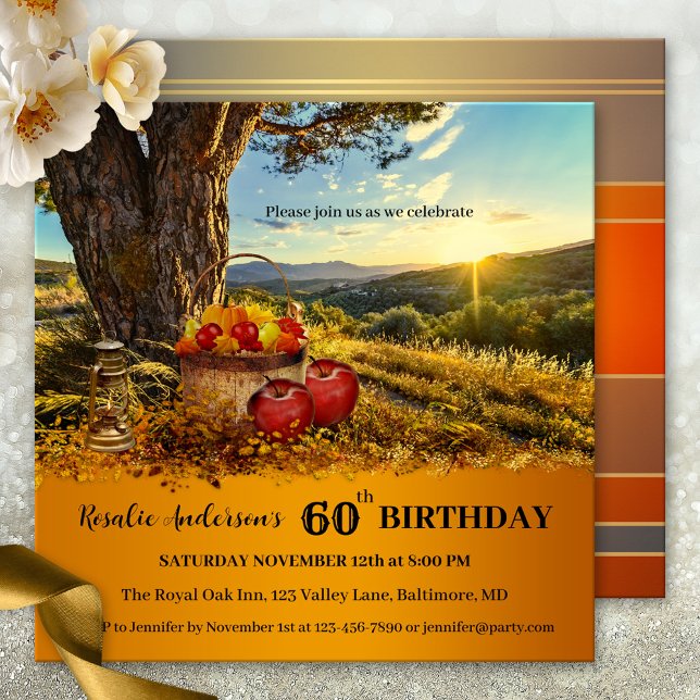 Convite de Aniversário para Queda de País Colorida (autumn birthday party invitation featuring a country sunset landscape scene with apples and lantern)