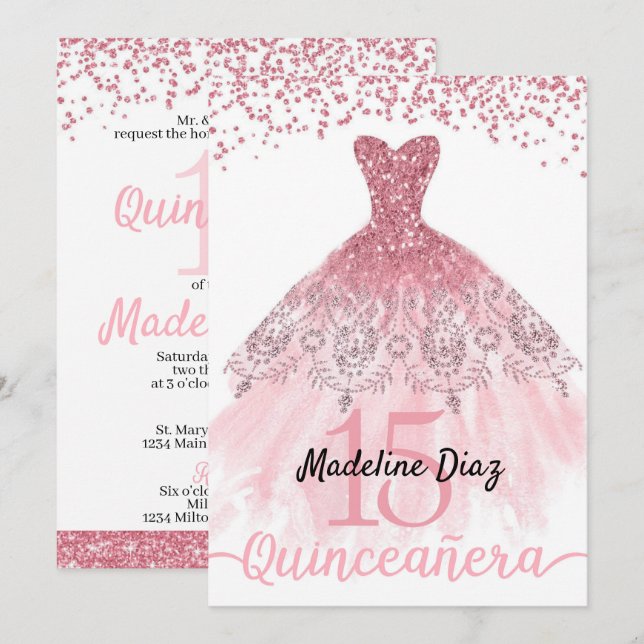 Convite de Aniversário para Quinceanera, cor-de-ro (Frente/Verso)