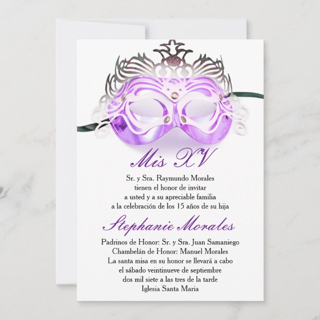 Convite de Aniversário para Quinceanera Mascarada  (Frente)