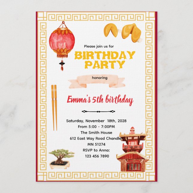 Convite de Aniversário para Restaurante Chinês (Frente)