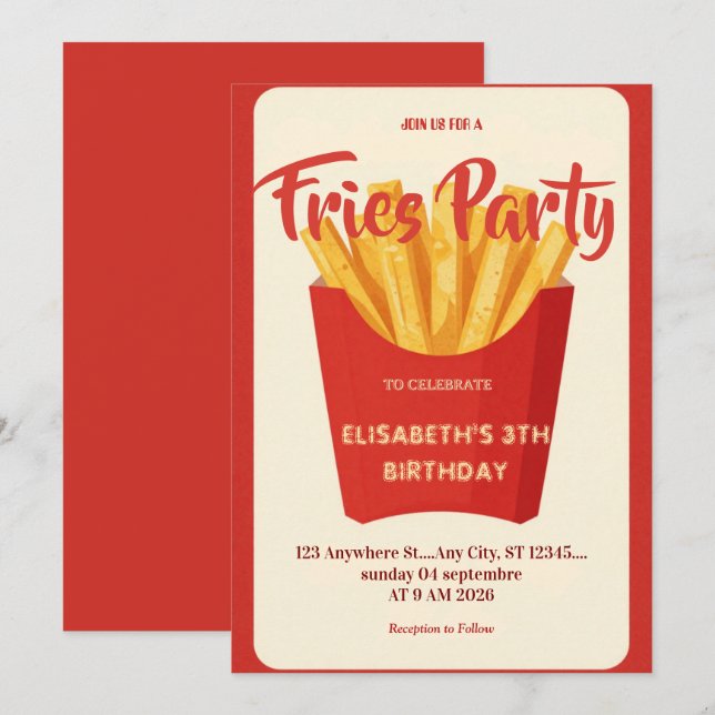 Convite de Aniversário para Restaurante de Fritas (Frente/Verso)