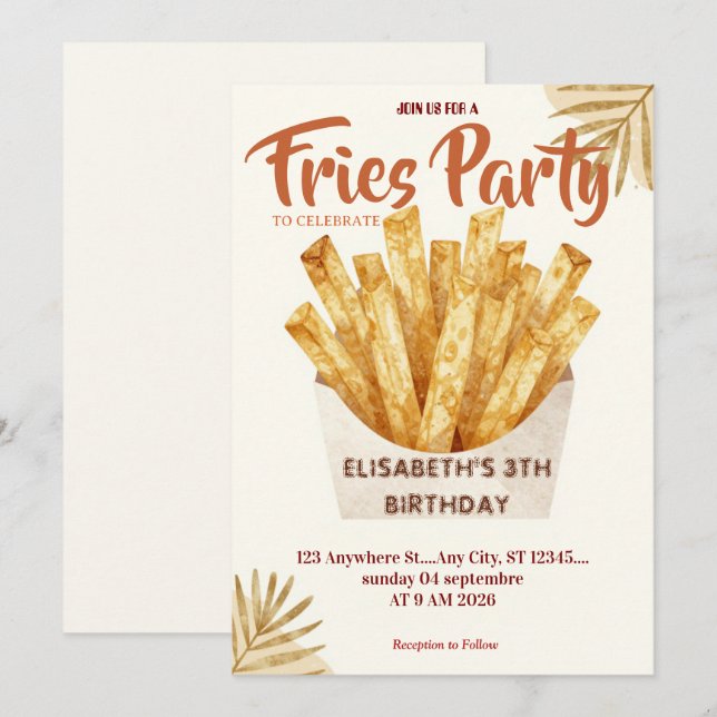 Convite de Aniversário para Restaurante de Fritas (Frente/Verso)