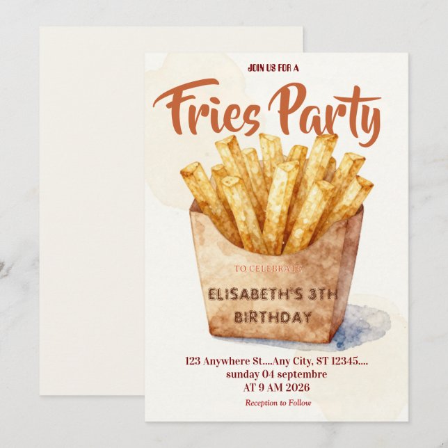 Convite de Aniversário para Restaurante de Fritas (Frente/Verso)