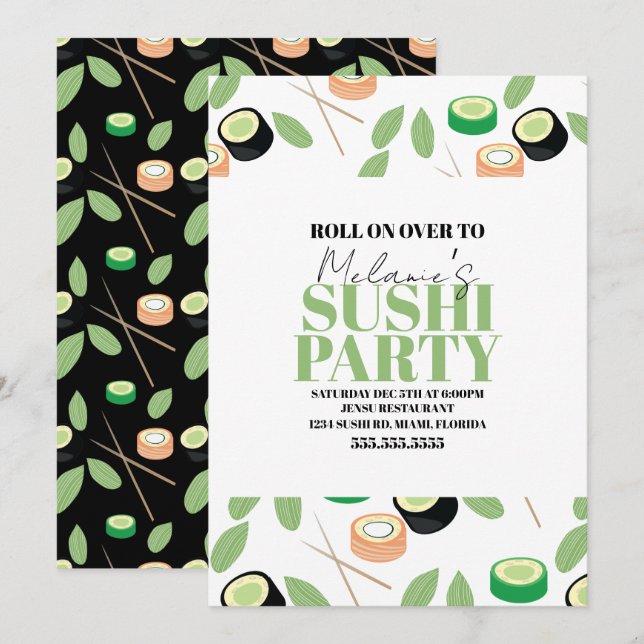 Convite de Aniversário para Rolo de Sushi Preto Mo (Frente/Verso)
