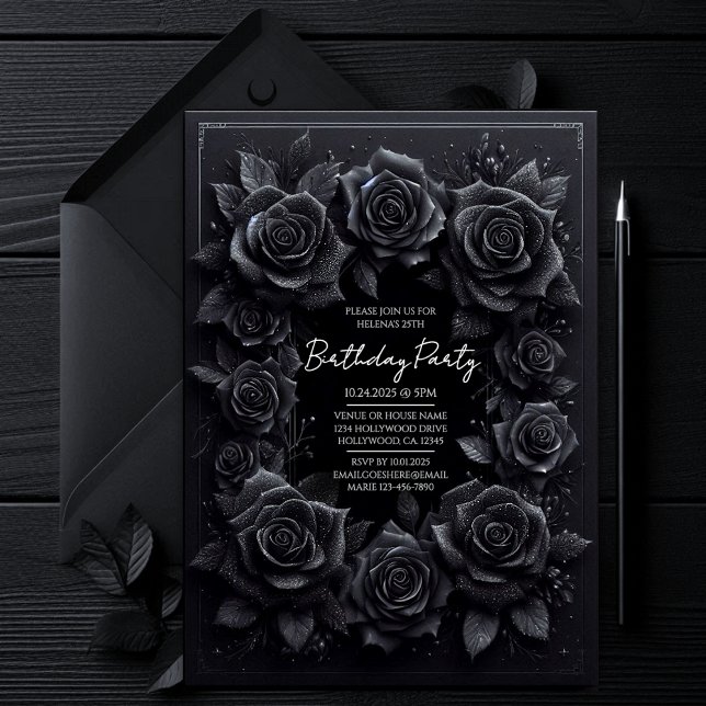Convite de Aniversário para Rosas Góticos Negros E (all black affair dark gothic vampy vampire halloween iorthday party invitation, moody witchy invite.)