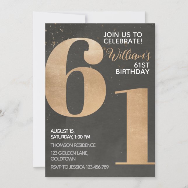 Convite de aniversário para ruas Dourada Black 61 (Frente)
