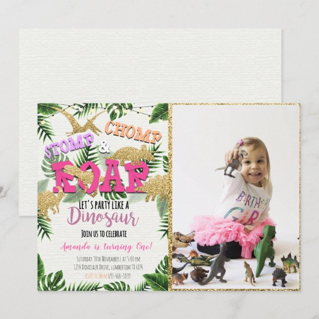 Convite De Aniversário Para Safari Dinosaur Com Fo (Frente/Verso)