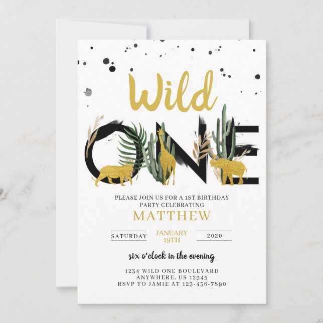 Convite de Aniversário para Safari Dourado Wild On (Frente)