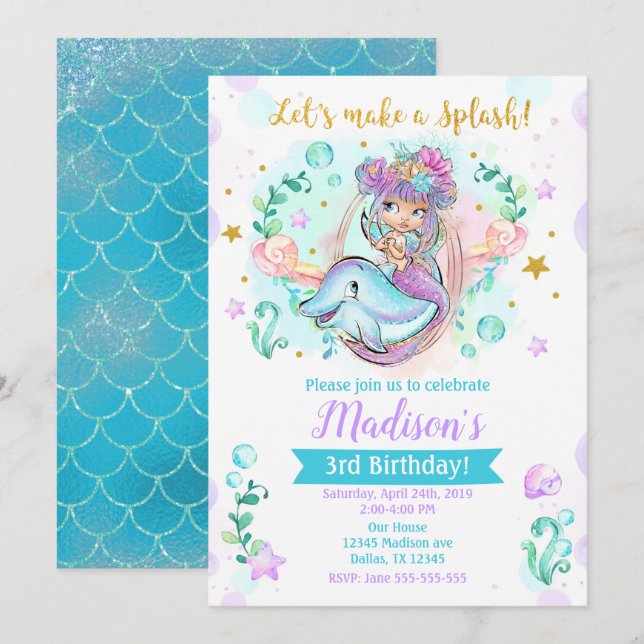 Convite de Aniversário para Sereia e Golfinho (Frente/Verso)