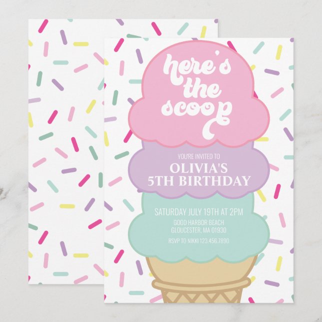 Convite de Aniversário para sorvetes e borrifadas (Frente/Verso)