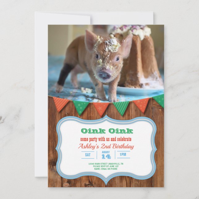 Convite de aniversário para suínos e bolos (Frente)
