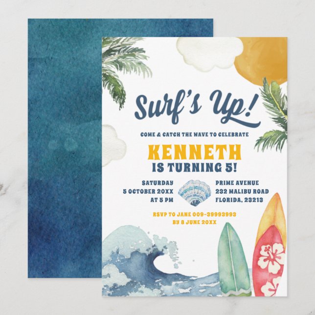 Convite de Aniversário para surf Beach Summer (Frente/Verso)