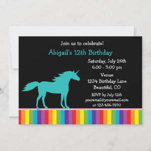 Convite de Aniversário para Teal Unicorn e Rainbow