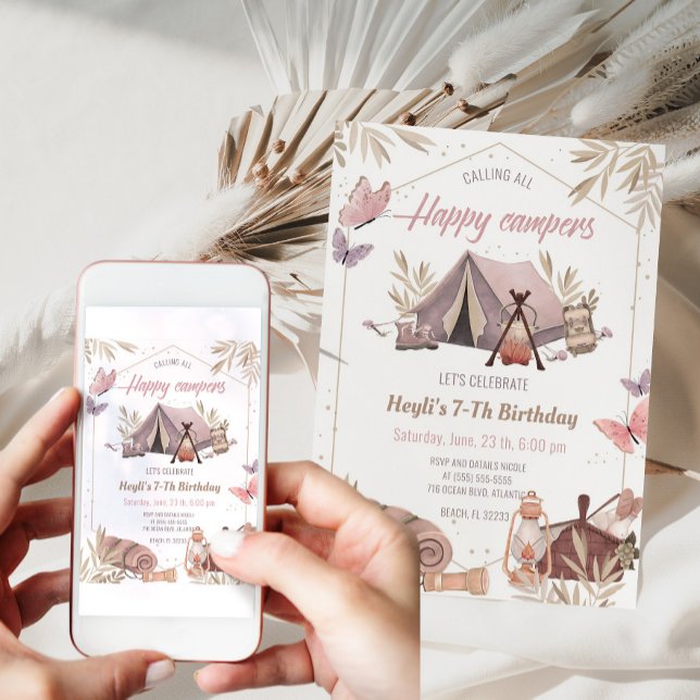 Convite de aniversário para Tent Bonfire Girl (Criador carregado)