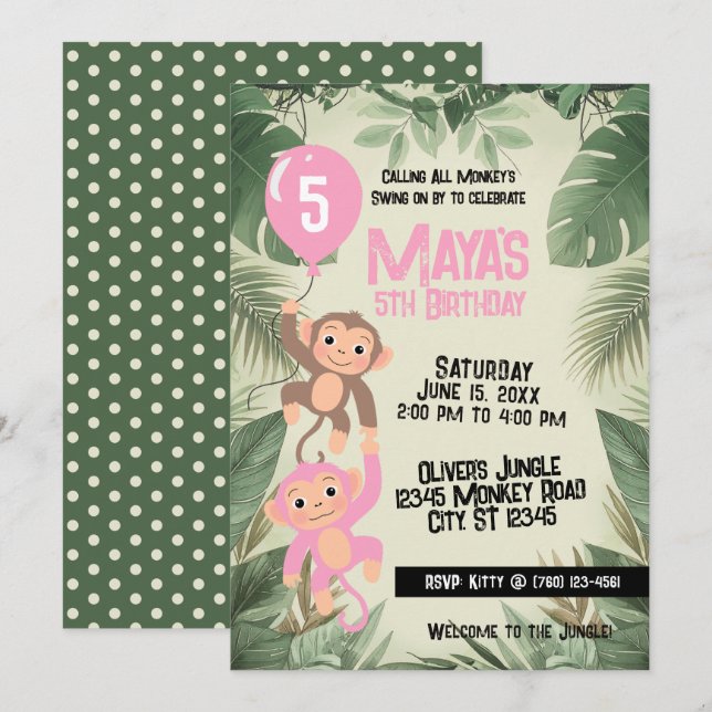 Convite de Aniversário para Todos os Macacos (rosa (Frente/Verso)