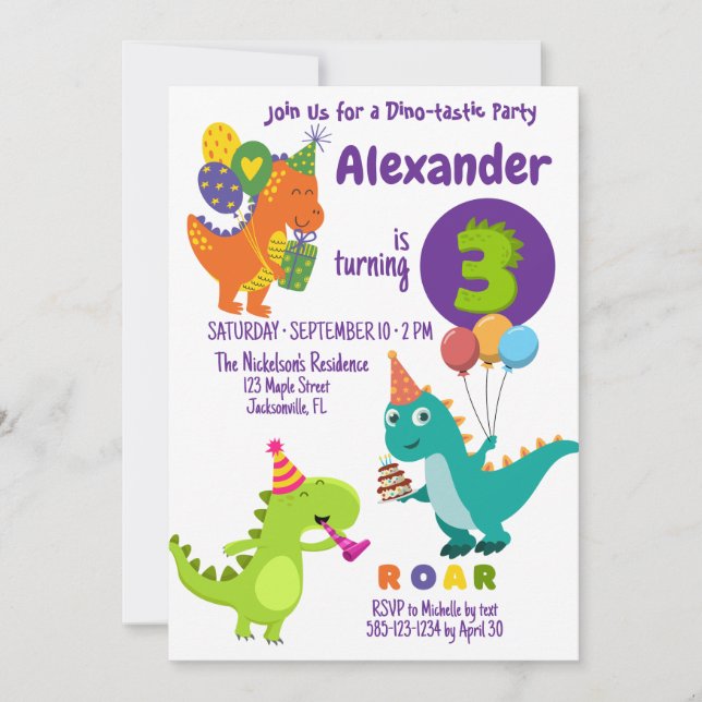Convite de Aniversário para Três Anos do Dinossaur (Frente)