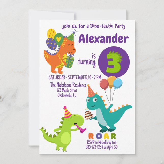 Convite de Aniversário para Três Anos do Dinossaur (Frente)